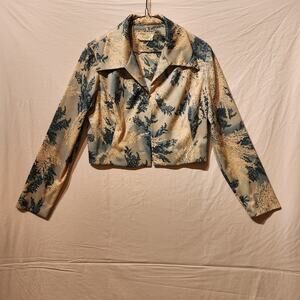 Vintage Nancy Greer Sz Medium Cropped Blazer Pink Blue Floral Open Front Jacket